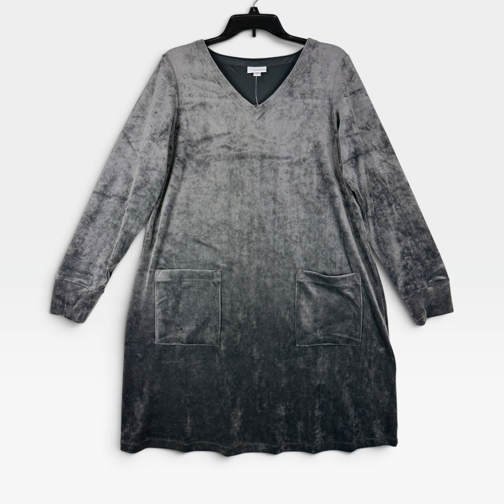 Pure Jill Dress Licorice Velour V-Neck Women Medium Gray Long Sleeve Pocket NEW